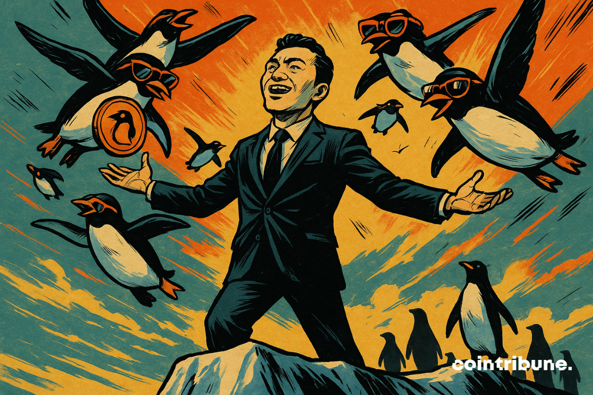 Justin Sun, triomphant sur un iceberg, guide une envolée de pingouins crypto aux lunettes flashy, dans un ciel orange flamboyant. Une scène épique illustrant l’envol du memecoin PENGU.