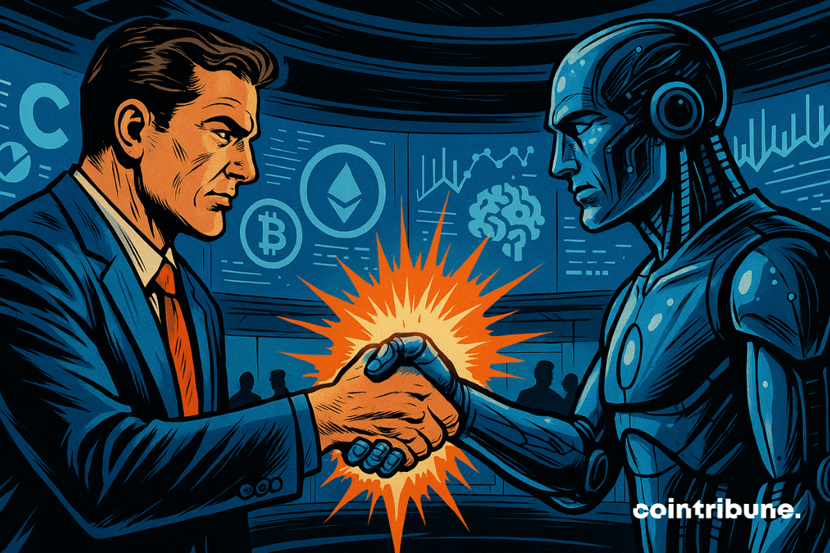 Un PDG de Coinbase en costume serre la main d’un robot humanoïde de Perplexity AI dans une salle futuriste. Une explosion orange symbolise leur alliance, entourée d’icônes crypto et d’écrans lumineux en arrière-plan.
