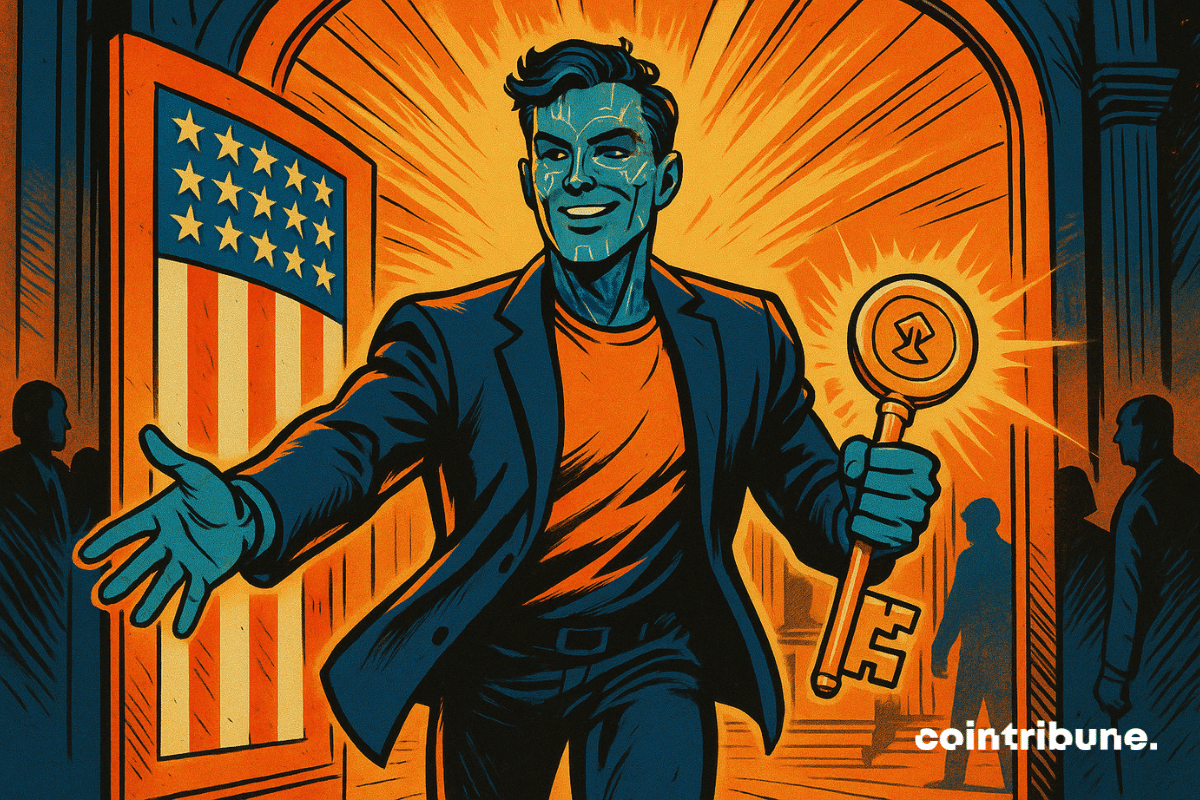 A half-human, half-digital figure walks through a door adorned with the American flag, brandishing a shiny key. The image evokes Polymarket's triumphant return to American soil.