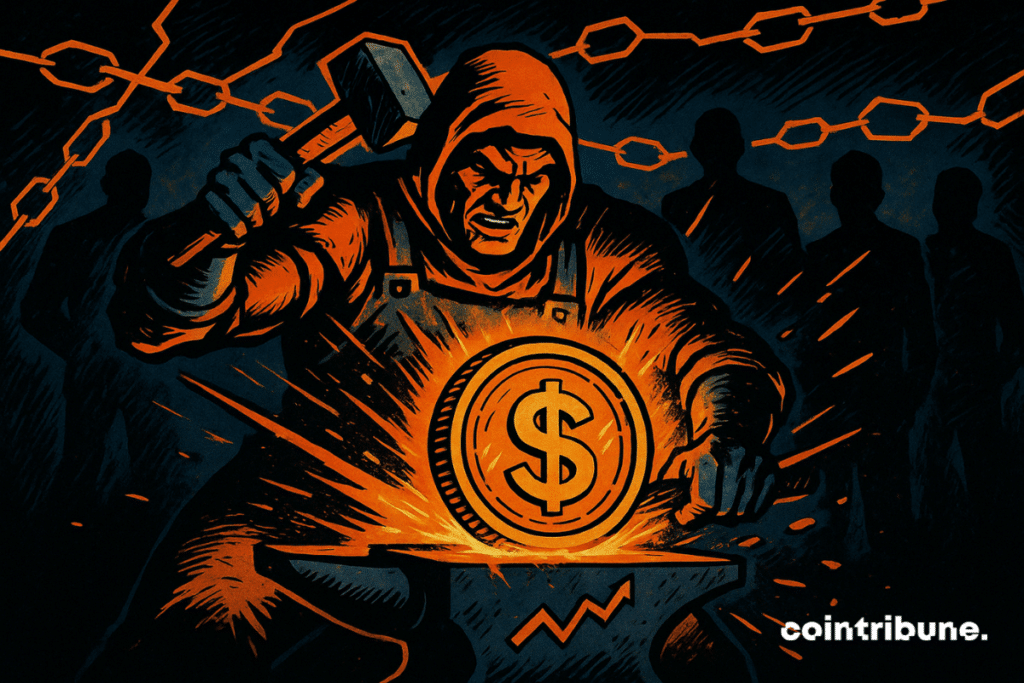 A blacksmith in an orange hood, symbolizing Polymarket, strikes a glowing coin with a dollar sign.