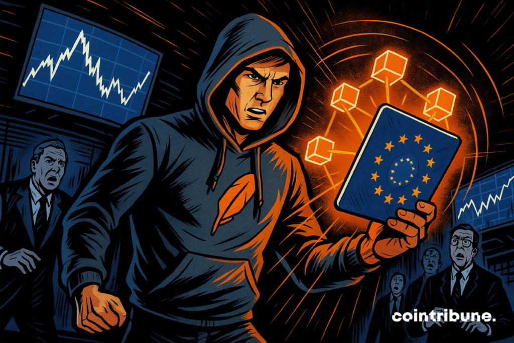 Un jeune trader de Robinhood déterminé brandit une tablette holographique affichant des blocs connectés et le drapeau européen, sous les regards choqués de banquiers dans une salle de marché crypto futuriste.