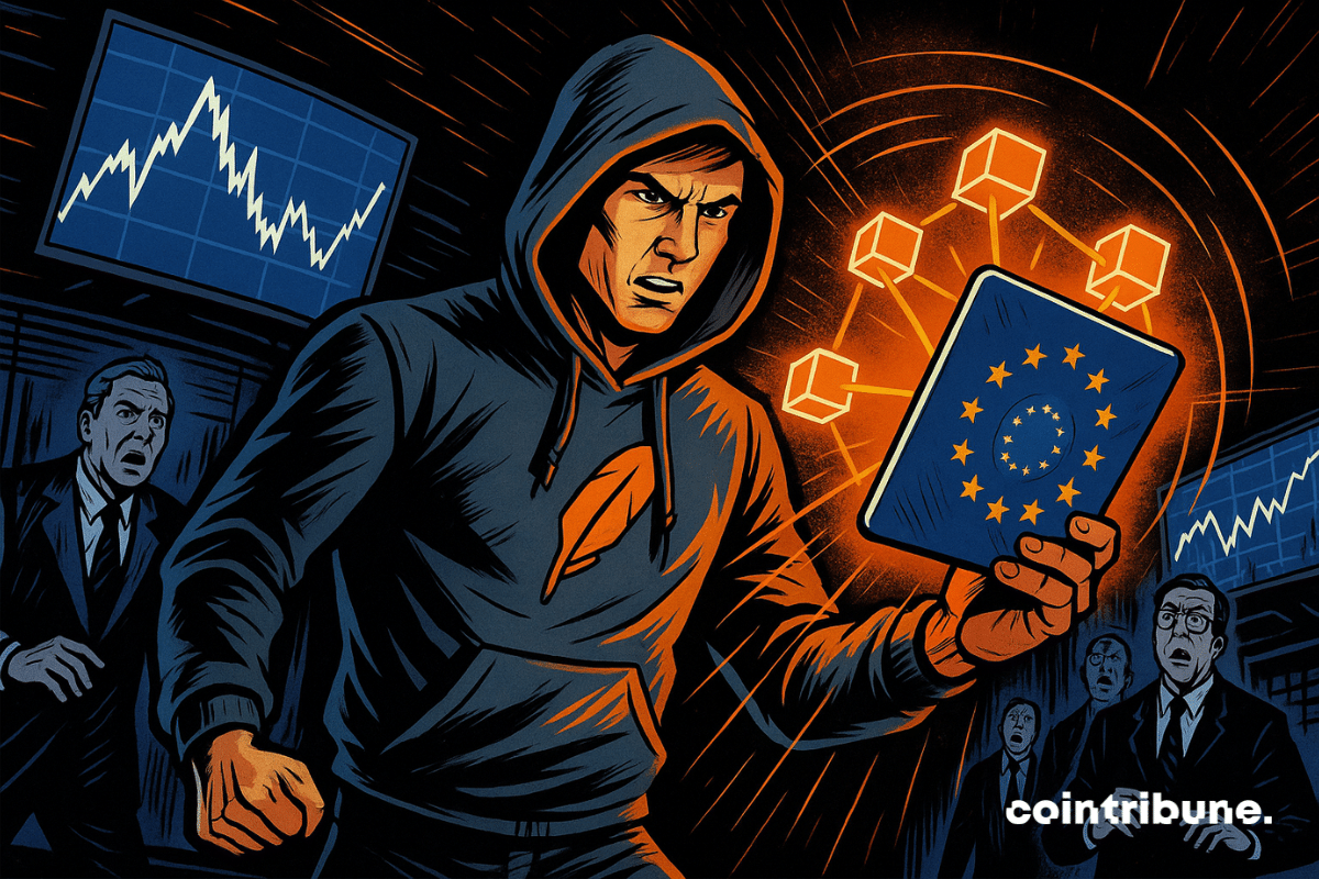 A determined young Robinhood trader holds up a holographic tablet displaying connected blocks and the European flag, under the shocked gaze of bankers in a futuristic crypto trading room.