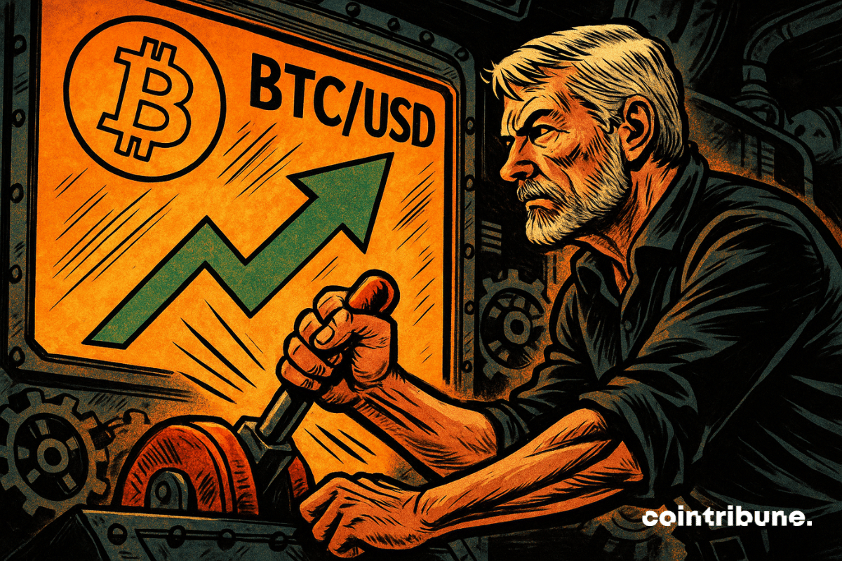 Michael Saylor active une gigantesque manette, déclenchant la montée fulgurante du Bitcoin sur un écran incandescent. Tension, puissance et renaissance du marché s’entremêlent.