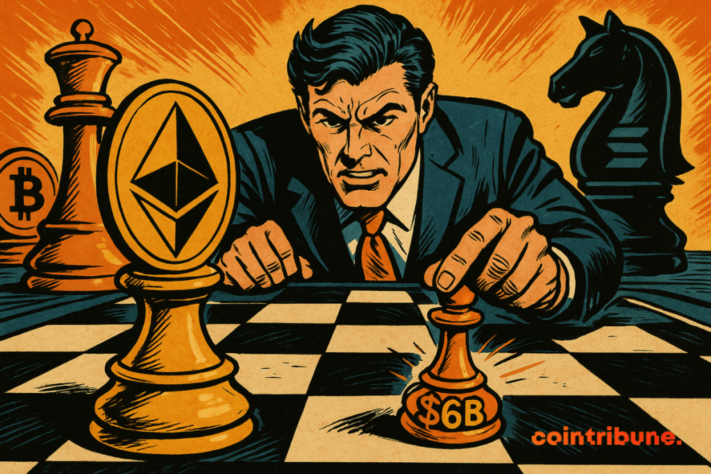 A man in a suit plays chess with crypto pieces, placing a B pawn near an Ethereum king in a bold 1970s comic book style.
