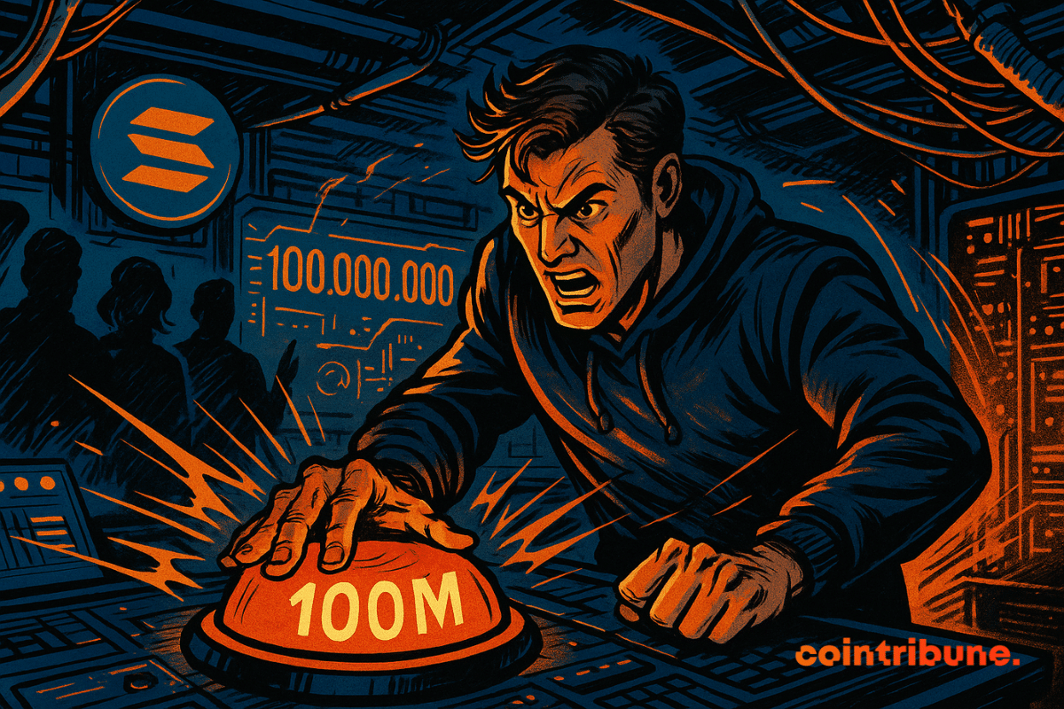 Un ingénieur déterminé appuie sur un bouton lumineux « 100M » dans une salle de contrôle Solana alors qu'une surcharge de données clignote sur un écran numérique.