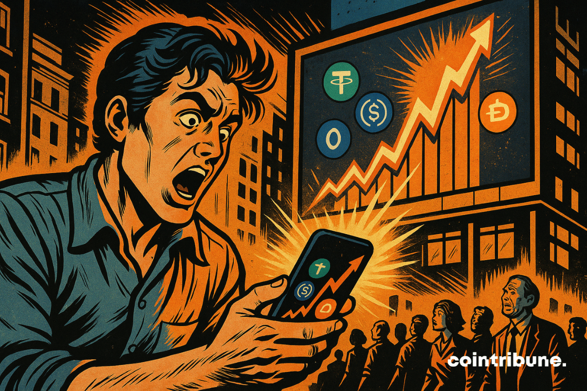 Um homem atordoado descobre uma ascensão meteórica nas stablecoins em seu smartphone, enquanto uma multidão assiste hipnotizada por uma tela gigante na cidade.