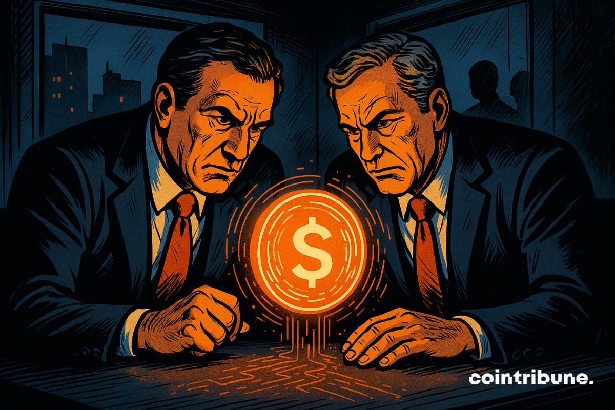 Dos banqueros examinan con atención monedas estables de color naranja brillante que flotan entre sí en una habitación oscura. Al fondo, unas siluetas misteriosas sugieren una trama secreta de finanzas digitales.