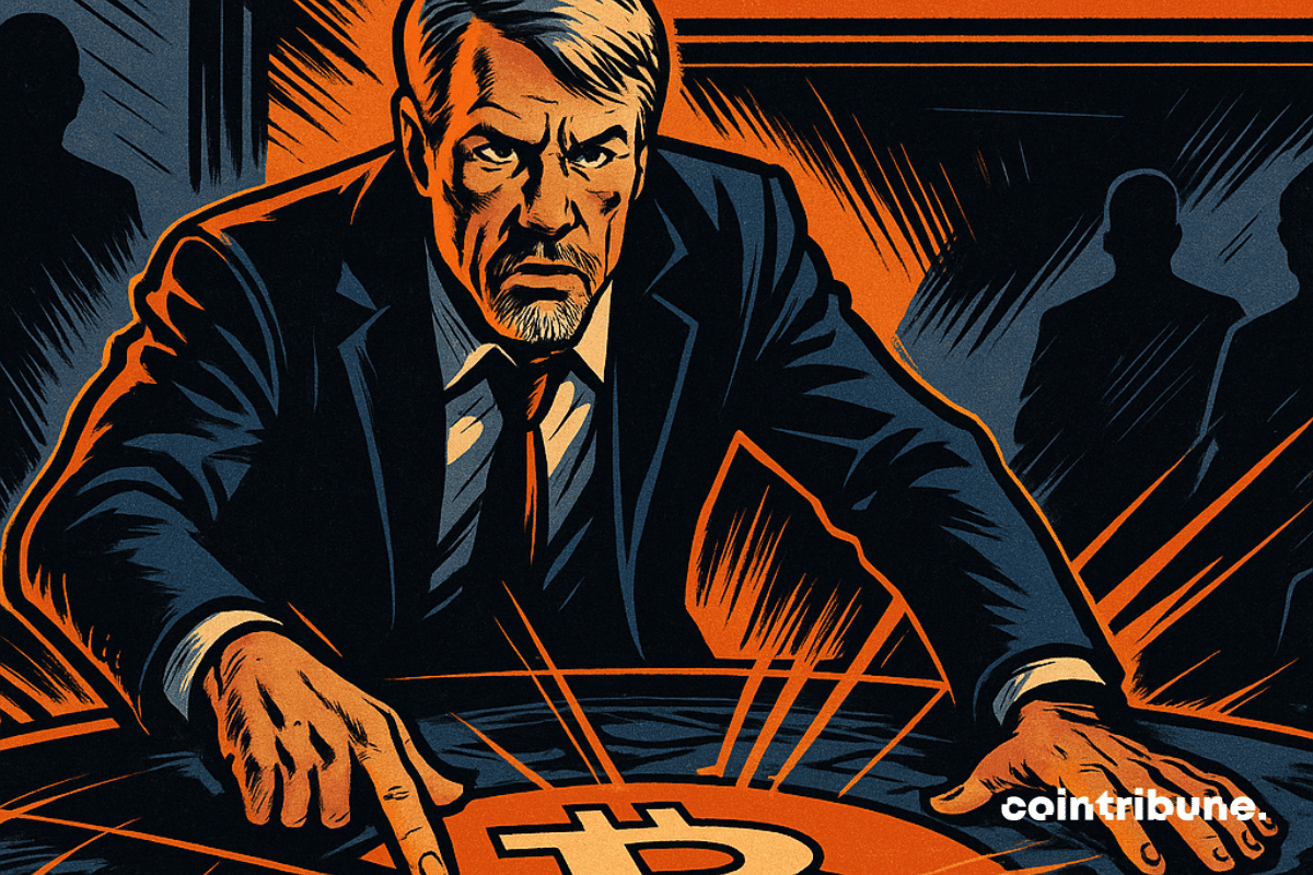 Dans une salle stratégique sombre, Michael Saylor, déterminé, pointe un symbole Bitcoin lumineux sur une table de commandement, avec "71 milliards" en arrière-plan. Une scène puissante, dramatique et ambitieuse.