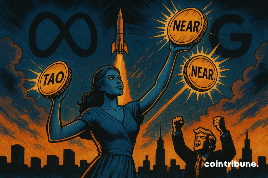 Une femme androïde en robe lève des jetons IA (TAO, NEAR, ICP) sous un ciel flamboyant. Fusée, Trump, et logos Google/Meta symbolisent l’essor explosif des cryptos.