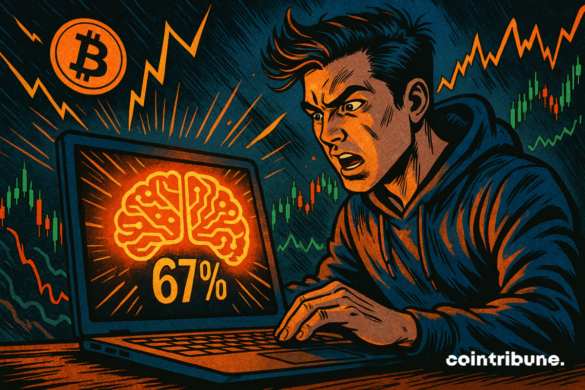 Um jogo de trader de criptografia e moletom azul, concentrado em seu computador portátil