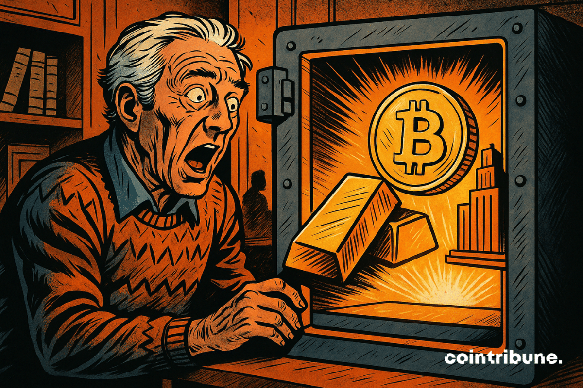 Un jubilado atónito descubre en su caja fuerte un Bitcoin gigante, lingotes de oro y una torre que simboliza el capital de inversión, iluminados por una brillante luz naranja.