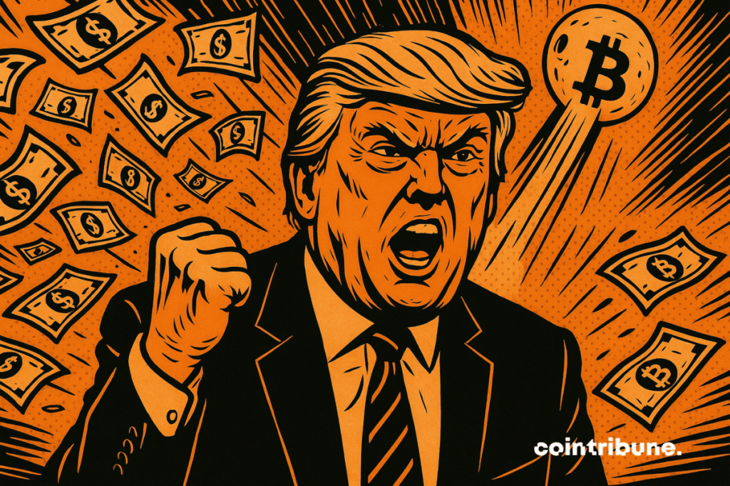 Donald Trump bouche ouverte dans un discours passionné, entouré de dollars et de bitcoins