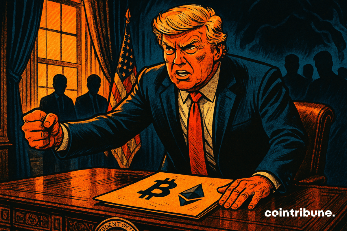 Donald Trump, furioso pero decidido, da un puñetazo en el Despacho Oval, con un archivo de criptomonedas en la mano. Siluetas misteriosas al fondo, tensión dramática en torno a las leyes de criptomonedas.