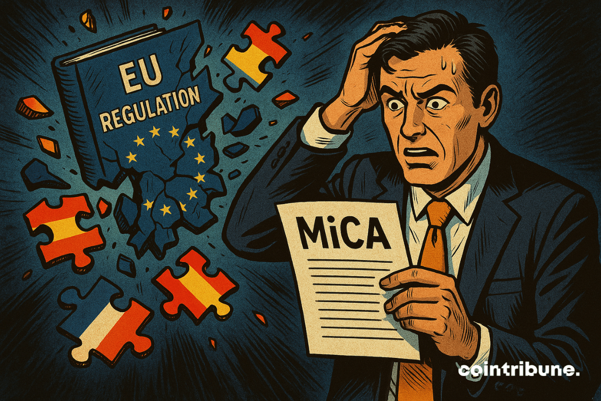 Un homme choqué découvre un document MiCA au milieu d’un chaos réglementaire européen. Pièces de puzzle et drapeaux éclatés symbolisent la confusion crypto face à MiCA fragmenté.