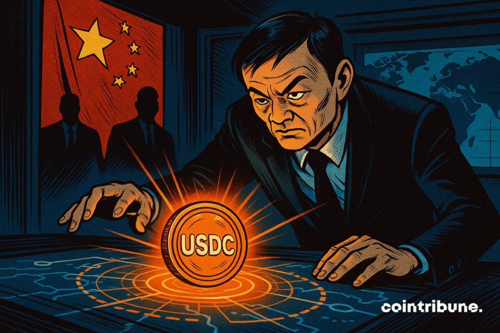 In a dark, futuristic room, Ant International founder Jack Ma observes a USDC coin floating on a holographic table, illuminating a secret plan linking China and the United States.