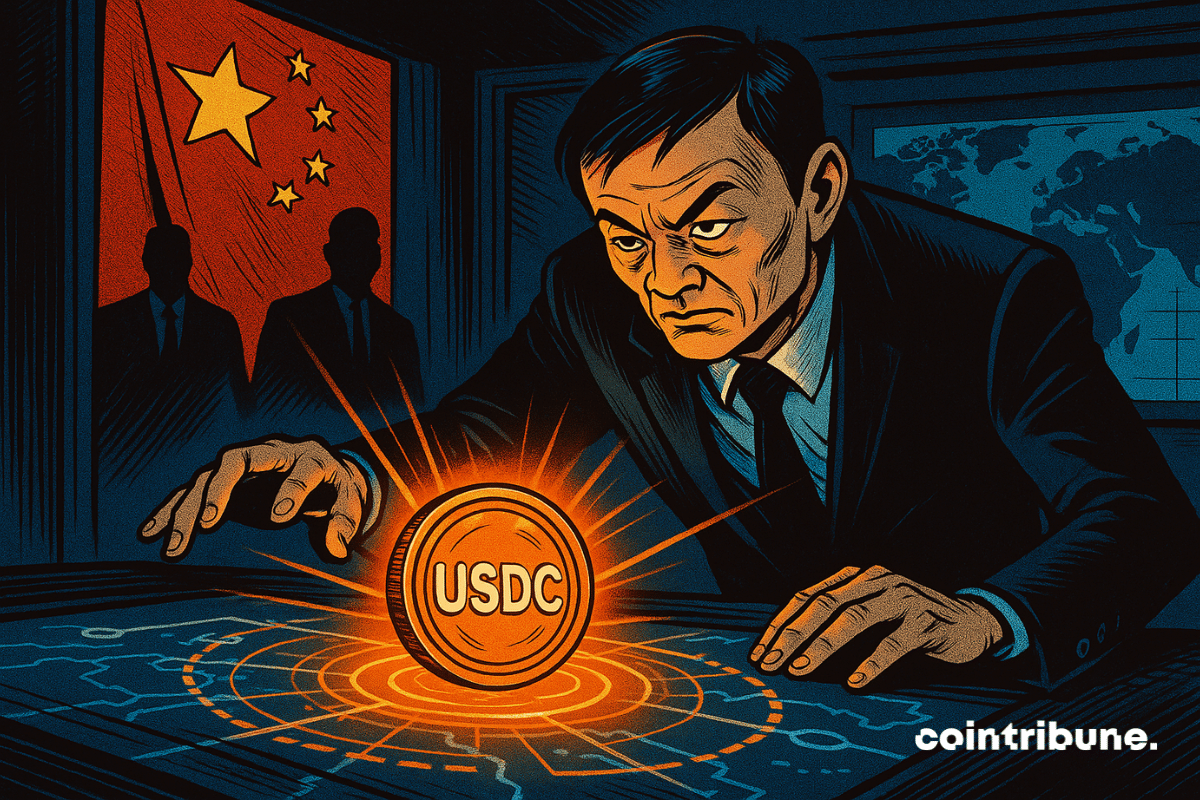 En una habitación oscura y futurista, el fundador de Ant International, Jack Ma, observa una moneda USDC flotando sobre una mesa holográfica, iluminando un plan secreto que vincula a China y Estados Unidos.