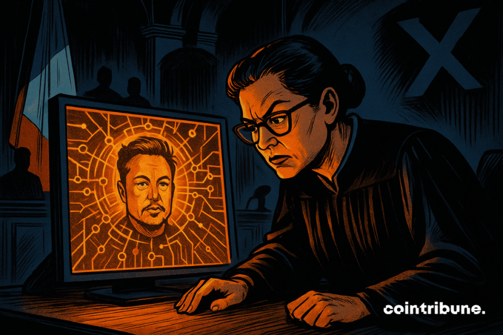 Une juge française scrute intensément un écran illuminé, affichant le visage d’Elon Musk au cœur d’un algorithme complexe. L’ambiance est tendue, sombre, accentuée par une lumière orange dramatique.