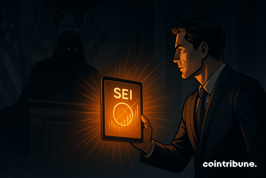 A suited man presents a glowing SEI tablet to a shadowy SEC figure in a dark courtroom setting.