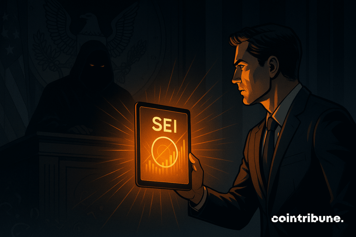 A suited man presents a glowing SEI tablet to a shadowy SEC figure in a dark courtroom setting.