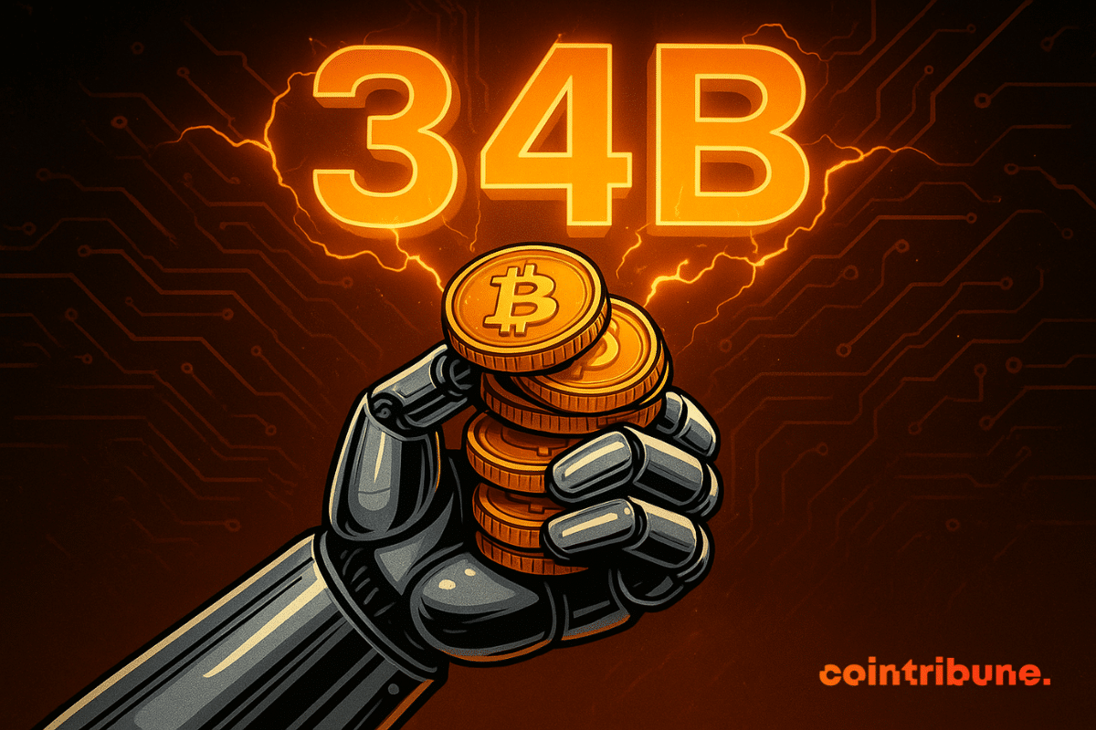 A metallic robotic hand grips a stack of glowing gold Bitcoin coins beneath a bright orange “34B” with electric arcs, set against a dark circuit board background.