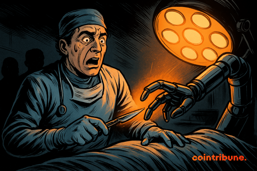 Un chirurgien choqué dans une salle d'opération recule alors qu'un bras robotique symbolisant l'intelligence artificielle atteint son scalpel sous une lumière chirurgicale orange.