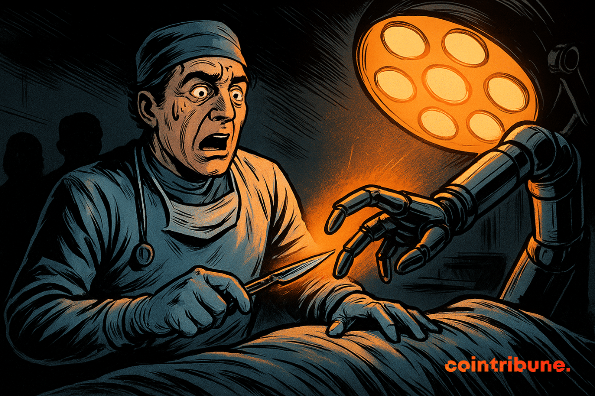 Un chirurgien choqué dans une salle d'opération recule alors qu'un bras robotique symbolisant l'intelligence artificielle atteint son scalpel sous une lumière chirurgicale orange.