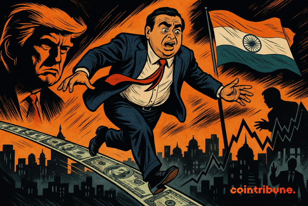 Ambani équilibre sur fil de dollars, urbain indien en dessous, Trump menaçant, tension extrême, orange lumineux, contraste dramatique, style comics.