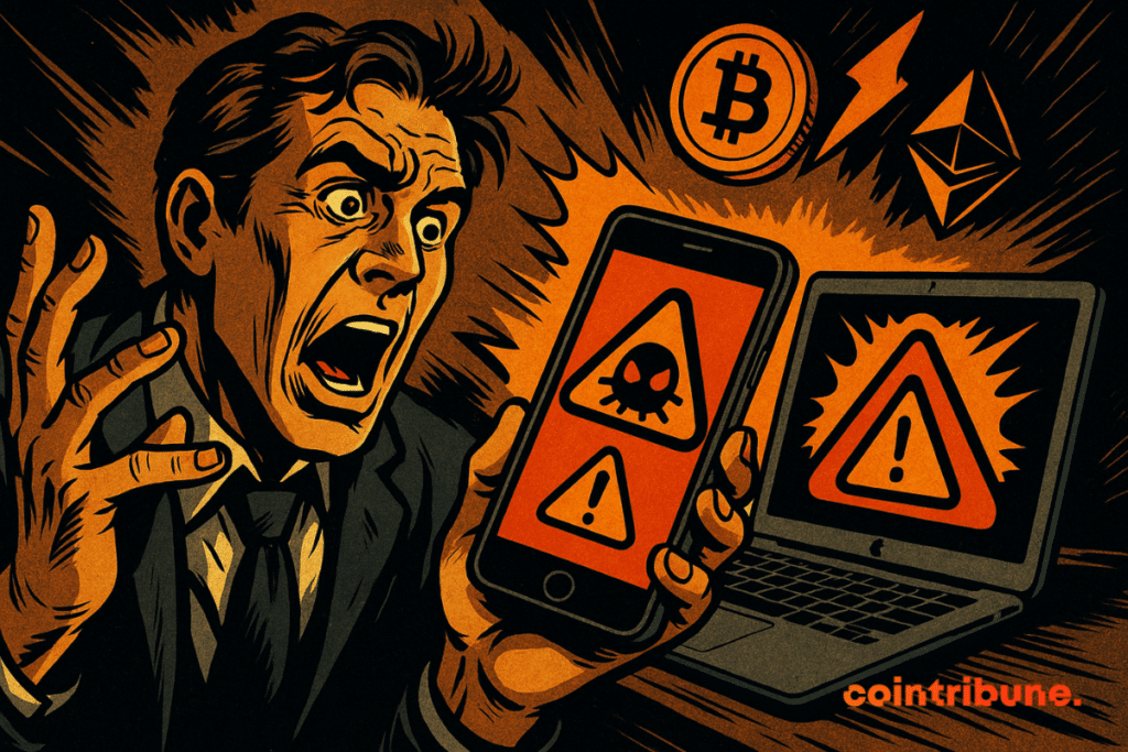 Usuario de Apple en pánico, su iPhone y MacBook muestran virus, íconos de criptografía flotantes, alertas naranjas, siluetas oscuras, tensión dramática y urgencia.