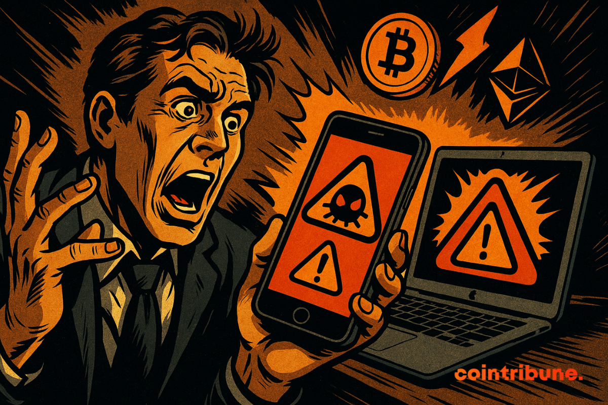 Usuario de Apple en pánico, su iPhone y MacBook muestran virus, íconos de criptografía flotantes, alertas naranjas, siluetas oscuras, tensión dramática y urgencia.