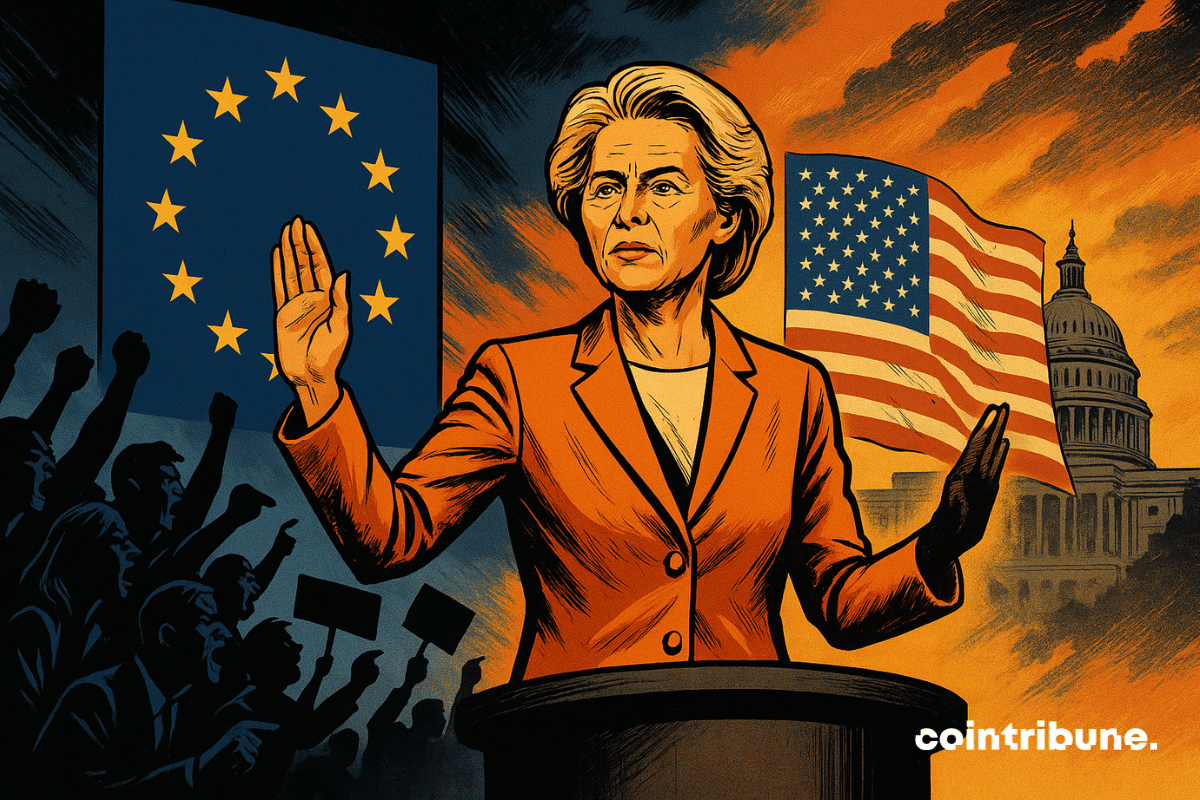 Ursula von der Leyen, présidente de la commission de l’Union européenne, est placée sur un podium circulaire surélevé, en costume formel orange avec des reflets légèrement dorés. Elle a une main levée, paume ouverte vers l’avant dans un geste d’apaisement ou de dialogue. Elle est tournée légèrement vers la droite (côté États-Unis), exprimant visuellement sa tentative de rapprochement.