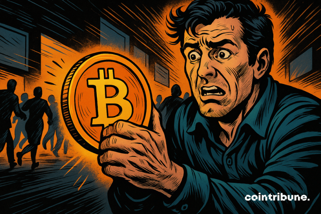 Investisseur déterminé agrippe un Bitcoin doré, foule paniquée s’éloigne, tension palpable, éclat lumineux, chaos financier, contraste dramatique, énergie intense.