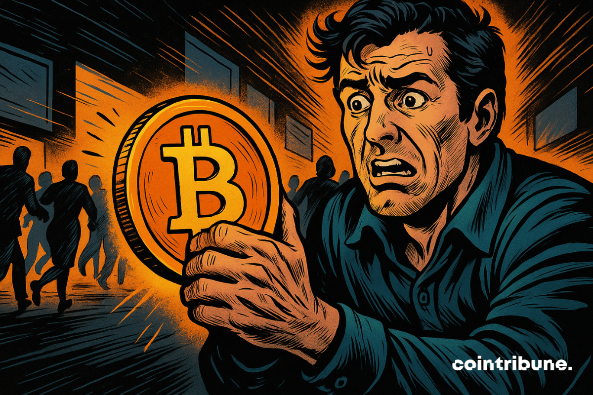 Investisseur déterminé agrippe un Bitcoin doré, foule paniquée s’éloigne, tension palpable, éclat lumineux, chaos financier, contraste dramatique, énergie intense.
