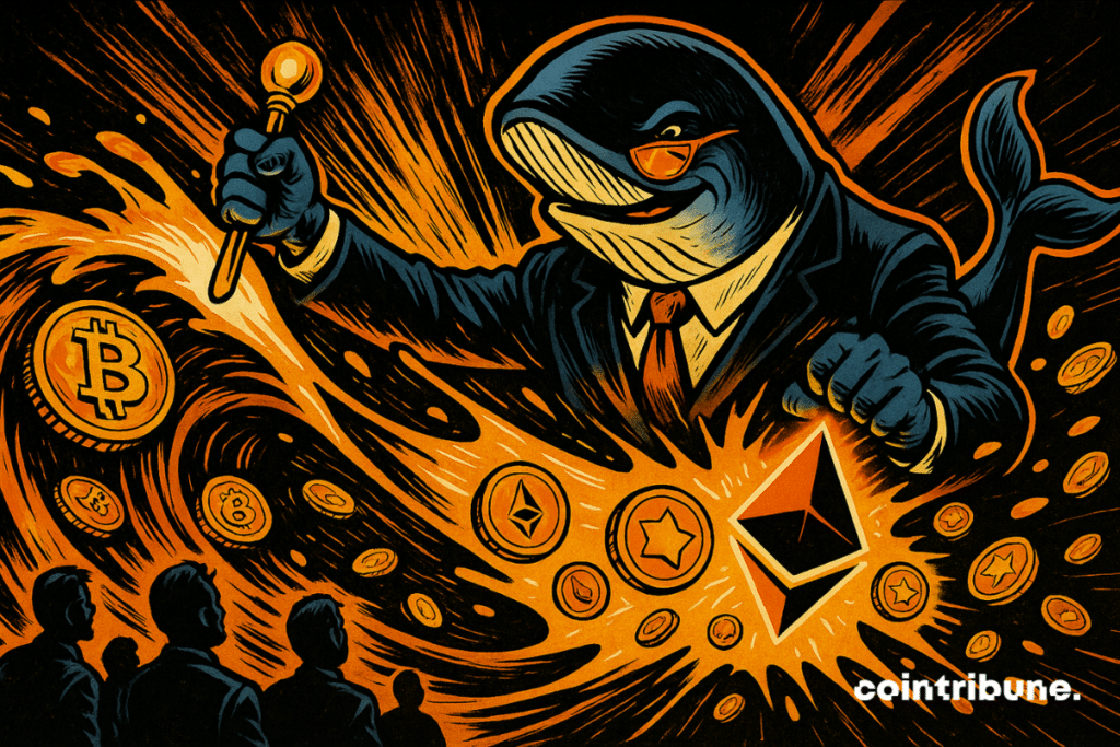 Una criptoballena domina una ola de Bitcoins que se convierten en Ether y altcoins, rodeada de siluetas asombradas.