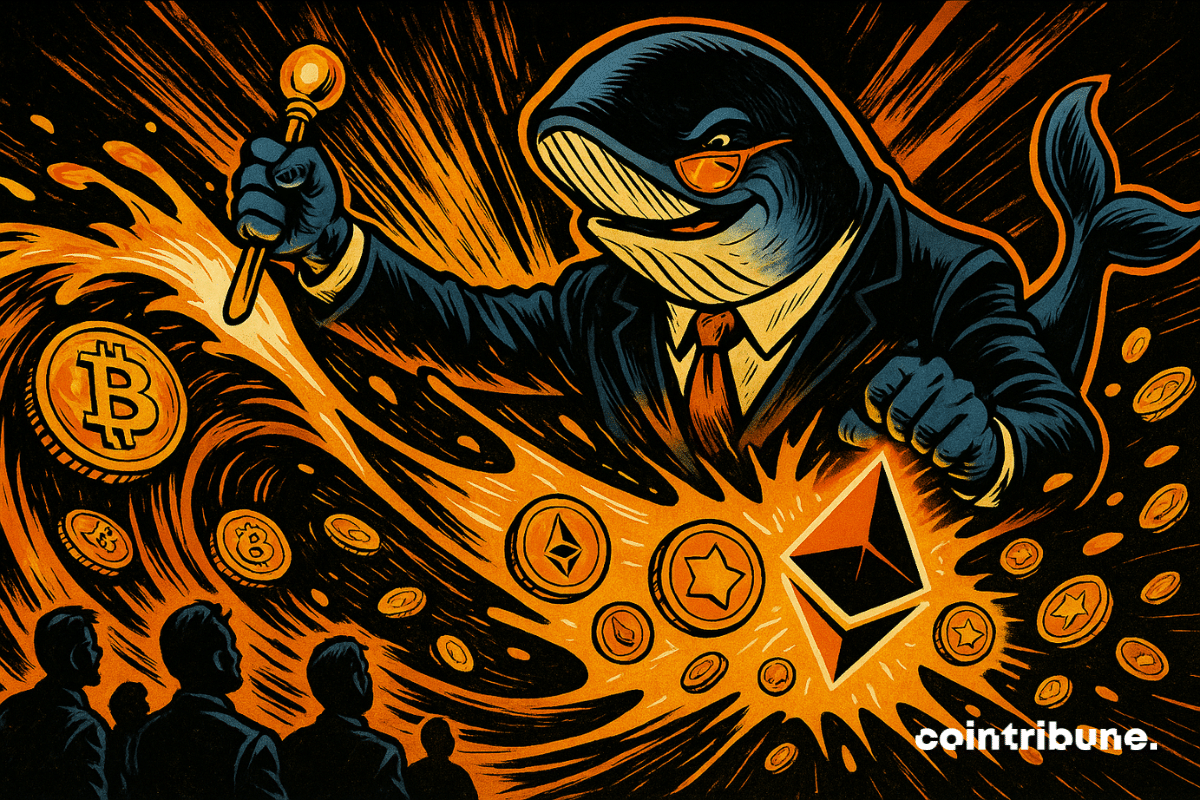 Une baleine-financier domine une vague de Bitcoins se transformant en Ether et altcoins, entourée de silhouettes émerveillées.