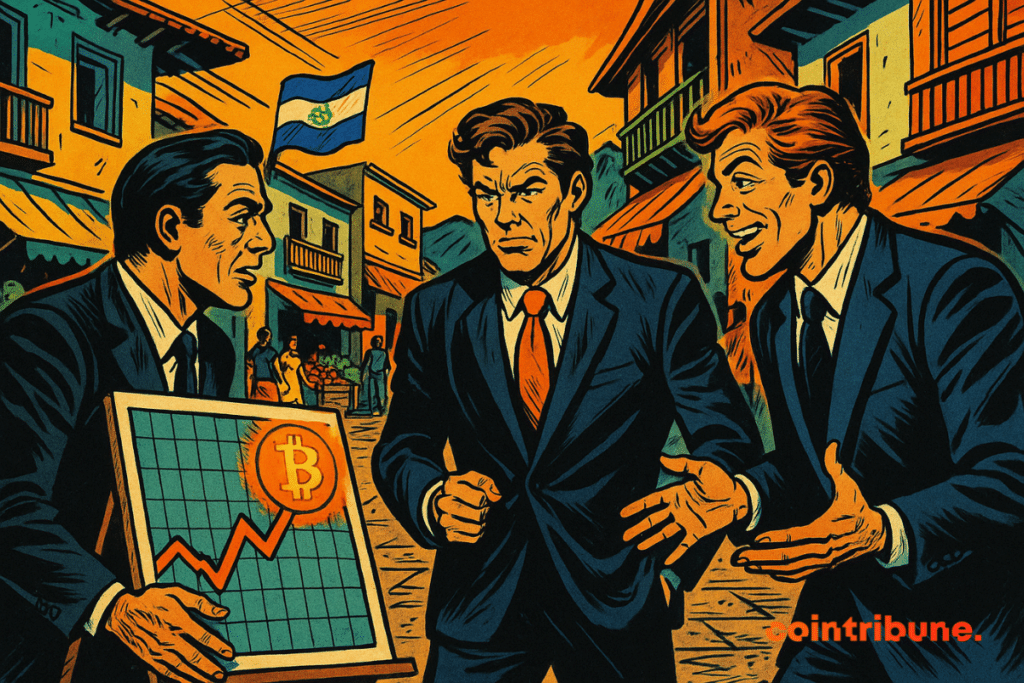 Trois Banquiers Discutent D'On Graphique Bitcoin en pleine rue salvadorienne аніме, Drapeaux et Marché Tropical Sous ciel Orange.
