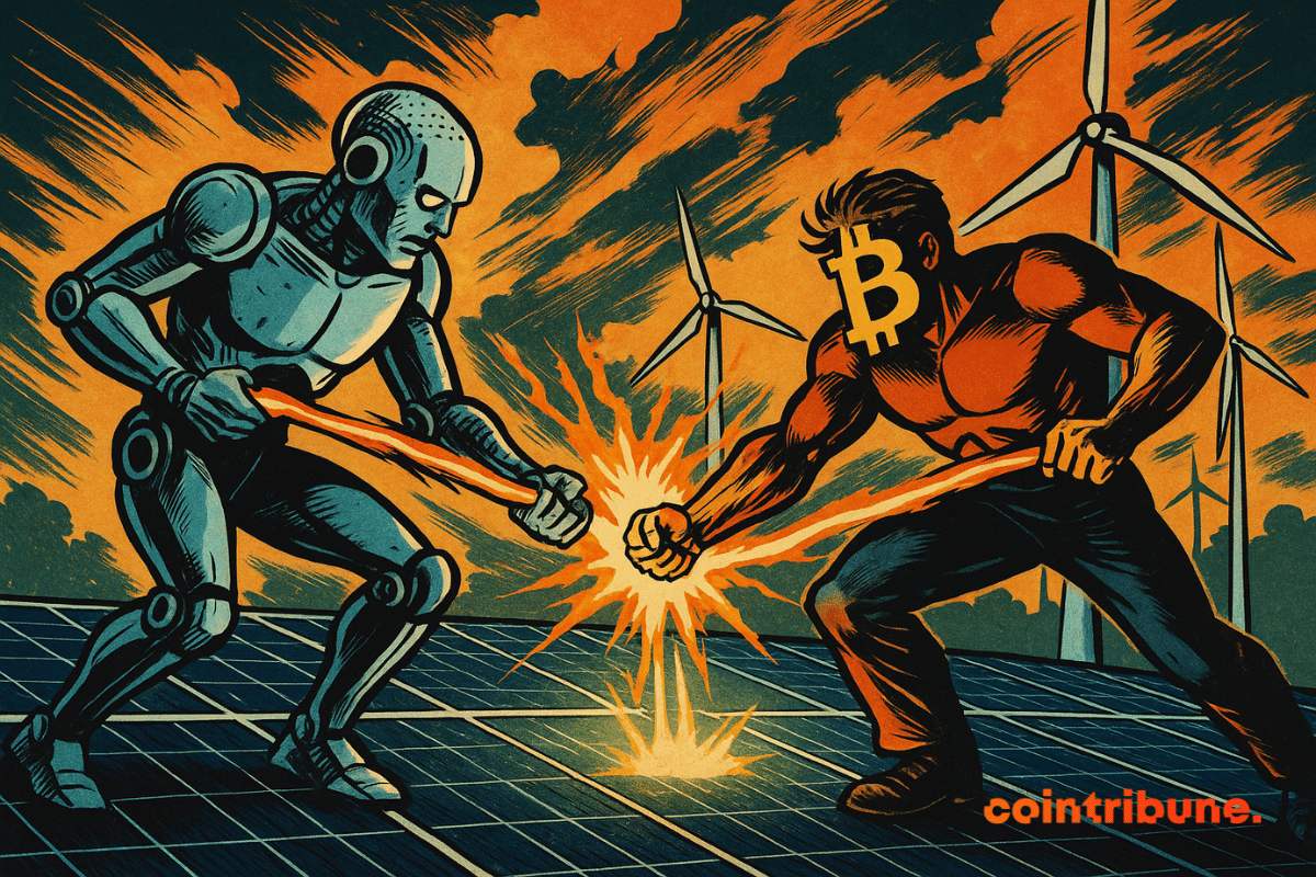 AI and Bitcoin clash on a solar roof, orange-green energy flow, wind turbines in the background, dramatic sky, comic 70s style.