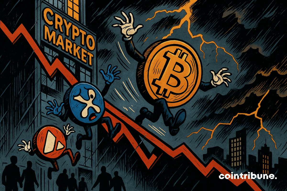 Three anthropomorphic cryptos glide on a descending red graph, panicked expressions, dark city in the background, dramatic and dynamic atmosphere.