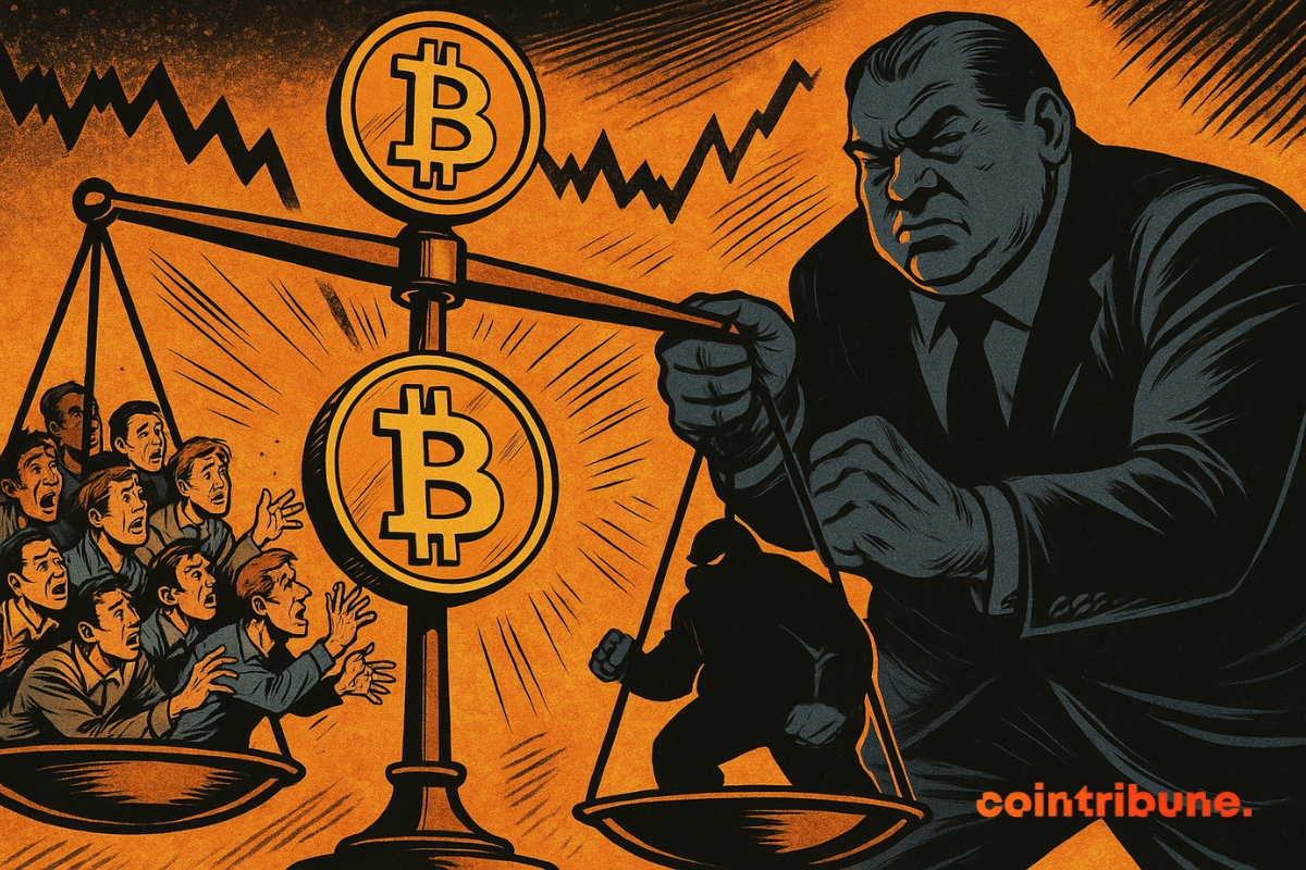 Una enorme ballena domina una balanza frente a pequeños hodlers, con Bitcoin brillando en el centro, tensión y suspense visibles por todas partes.
