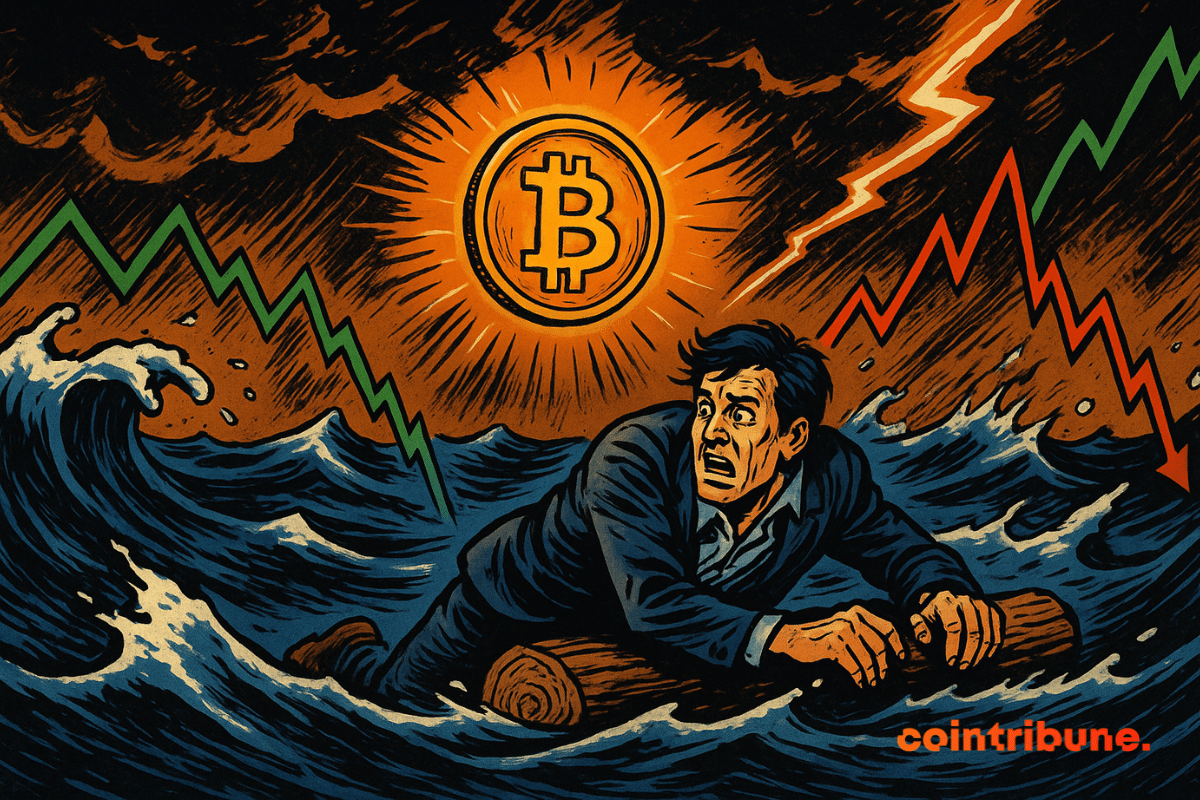 Investor on board, wave chart, bright Bitcoin above, dark storm, orange and white lightning, tension, chaos, dynamic movement lines.