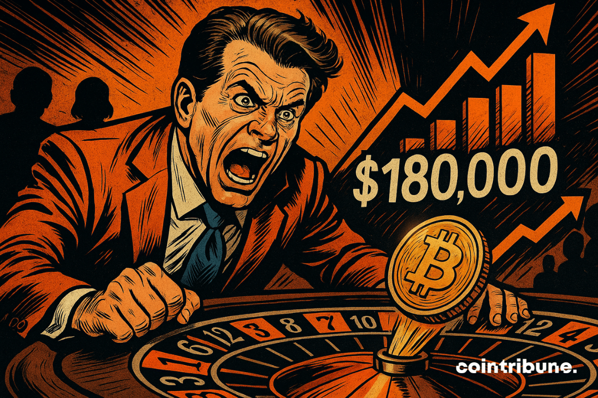Anthony Scaramucci, concentré, parie sur une roulette Bitcoin, chiffres “180 000 $”, joueurs flous, tension, suspense, mouvement, audace, lumière dramatique.