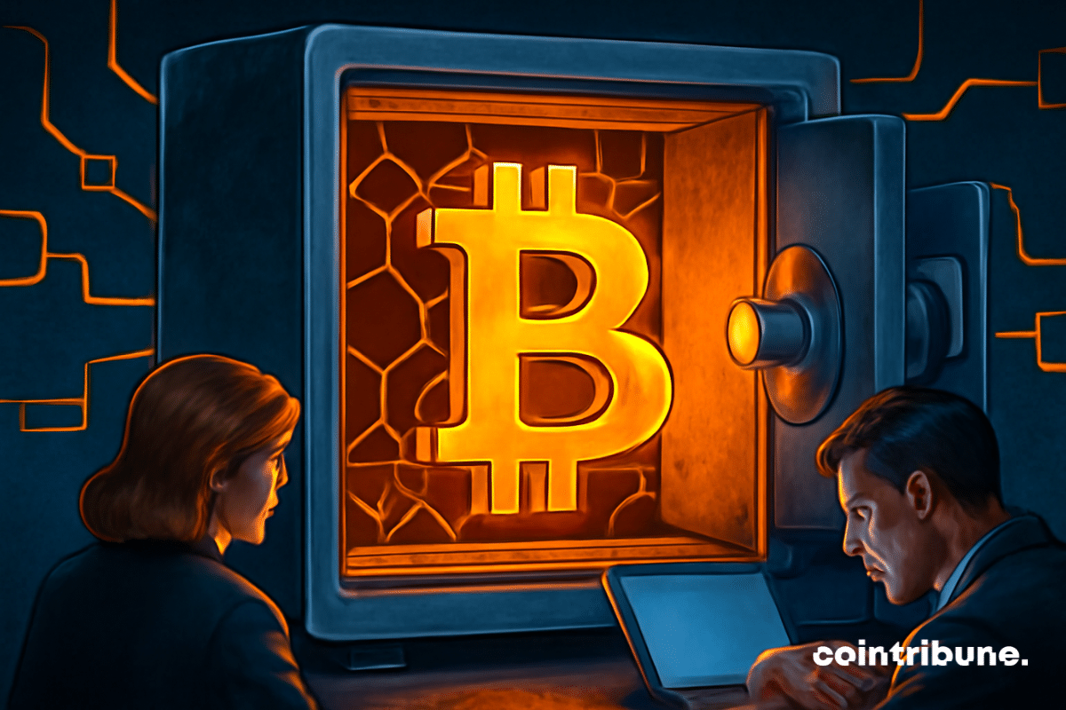 A metal safe reveals a glowing Bitcoin, observed by a woman, while a man works on a computer.