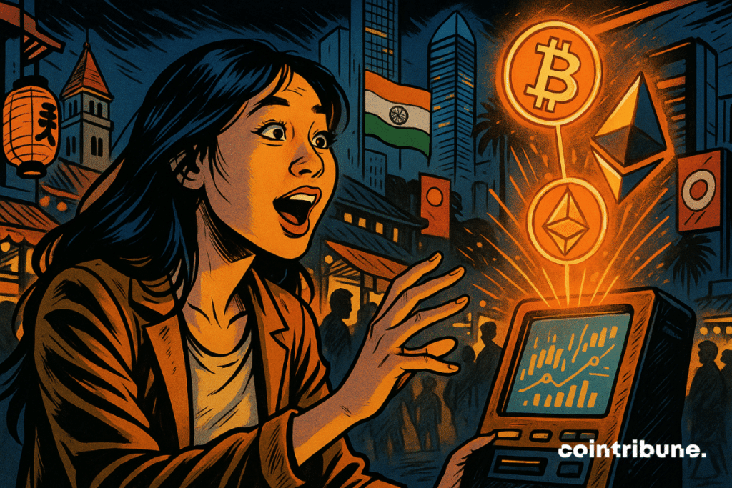 Jeune femme émerveillée face à un hologramme crypto, dans une rue nocturne mêlant Asie, Europe et Moyen-Orient.