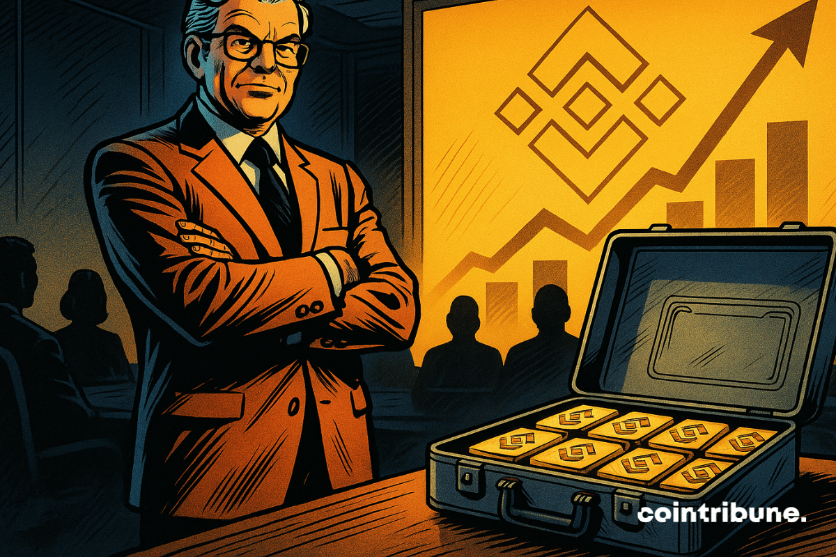 Un homme d'affaires confiant en costume orange se tient devant un graphique Binance lumineux et une mallette remplie de lingots d'or BNB.