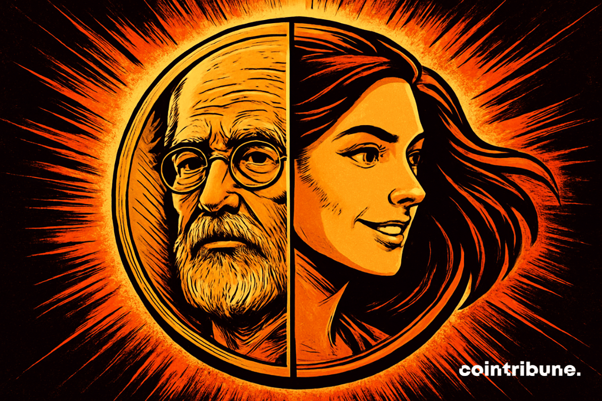 A split Bitcoin coin shows an elderly man on the left and a young woman on the right, glowing in orange and black comic style.