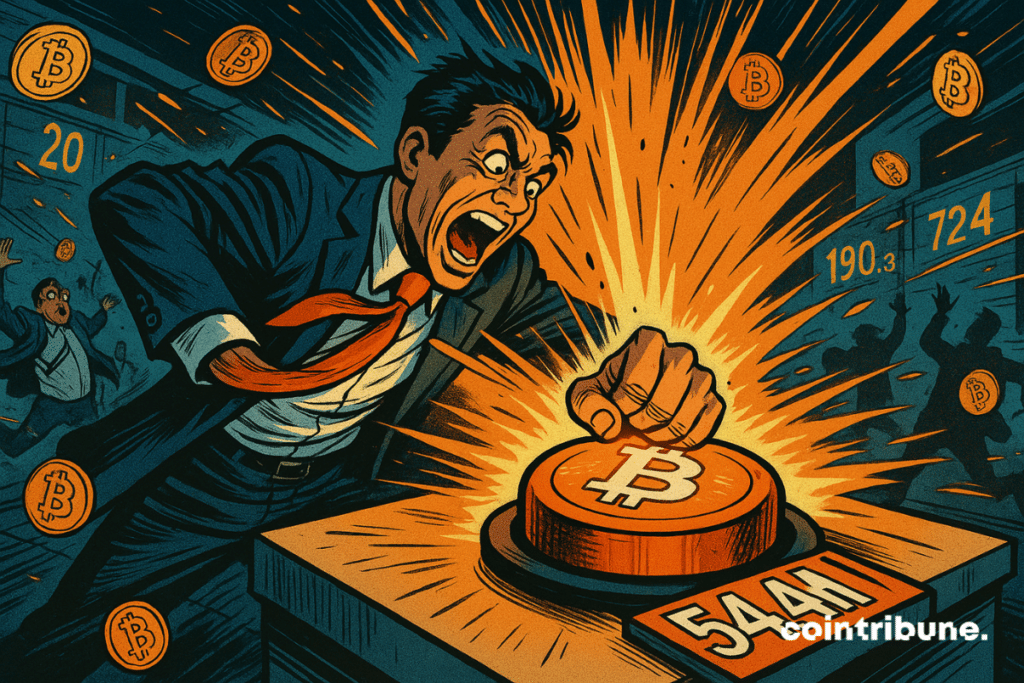 Um empresário frenético de terno aperta um botão laranja gigante de Bitcoin rotulado como "54,4 milhões", desencadeando uma explosão de luz e caos em uma sala de negociação.