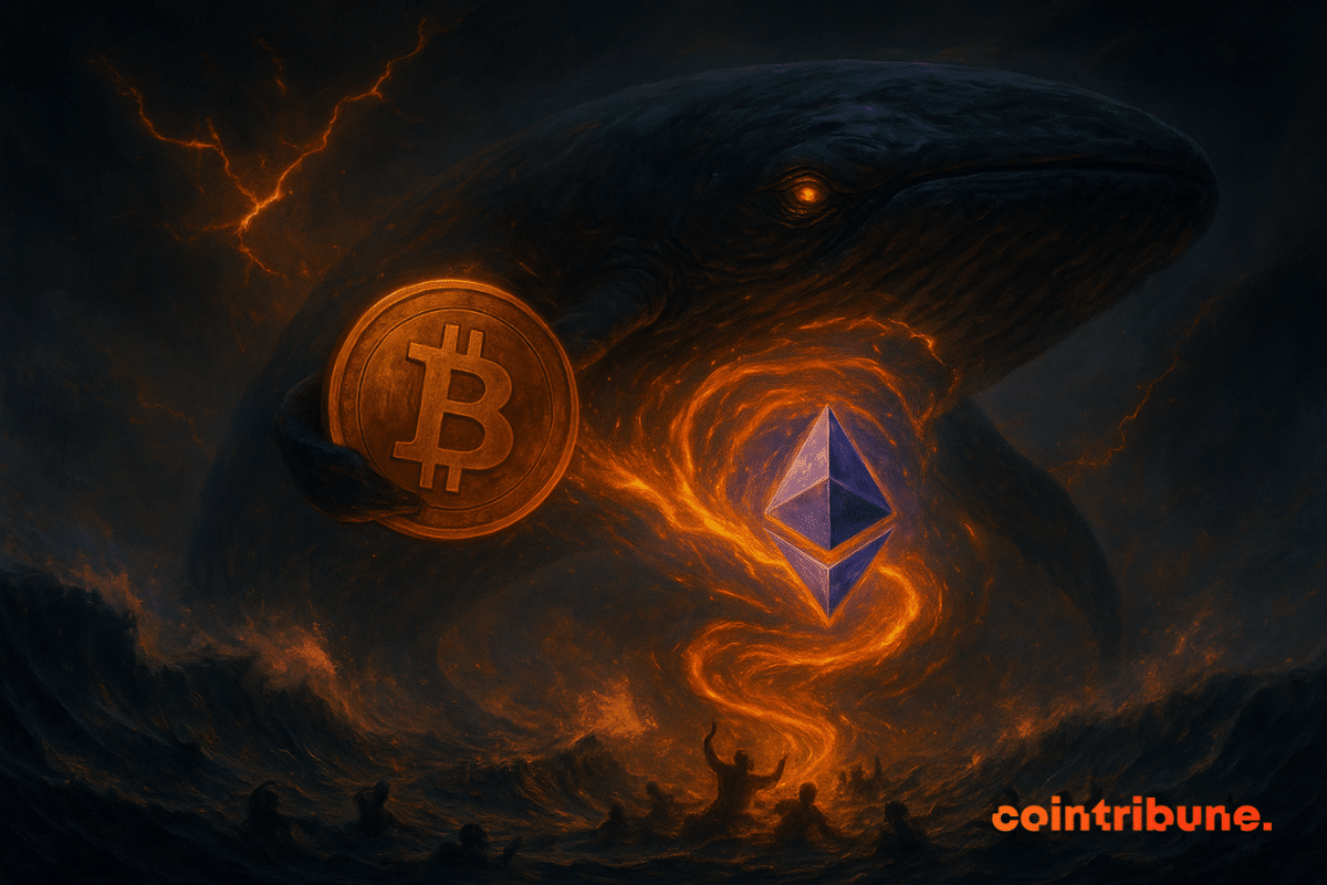 Une baleine géante aux yeux orange brillants émerge des vagues orageuses, tenant un Bitcoin tandis qu'Ethereum flotte dans un vortex de feu, tandis que de minuscules commerçants luttent en dessous.