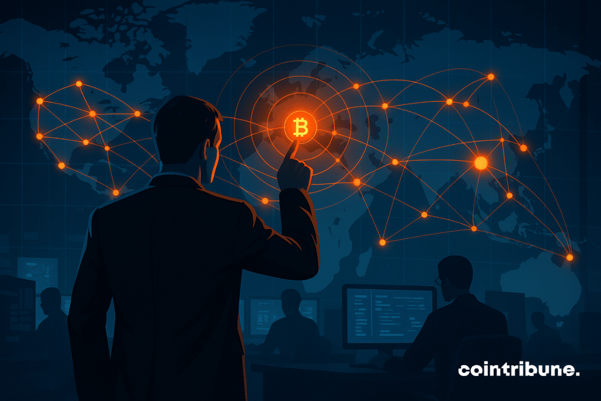 Beacon Network cybersecurity agent pointing to an alert on a global map depicting a crypto tracking network.