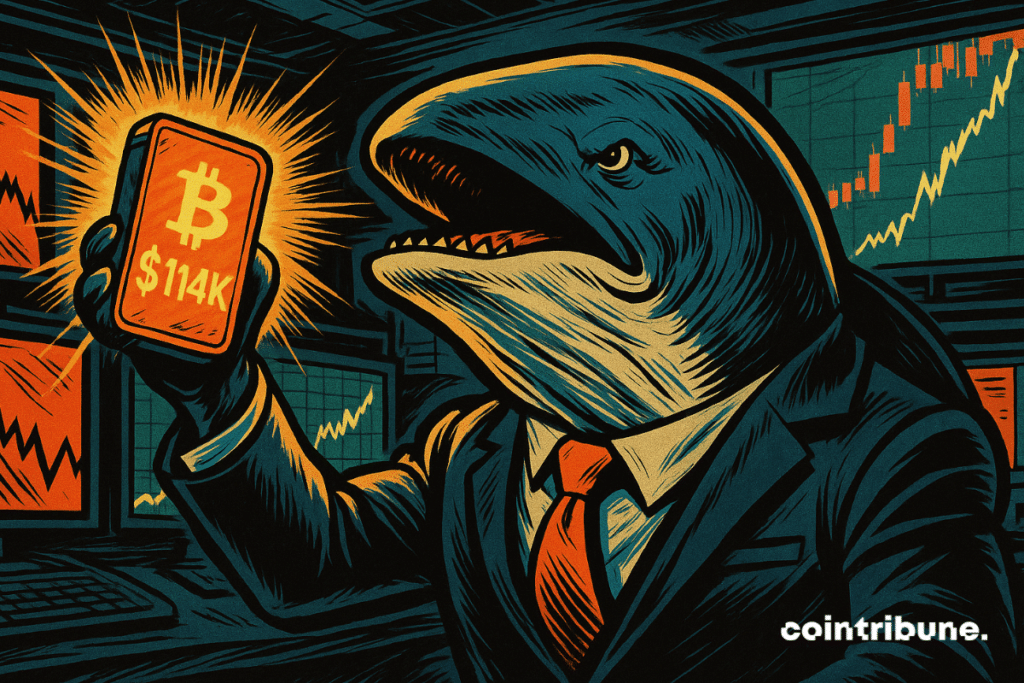 Anthropomorphic whale in a suit holding a glowing device showing Bitcoin at 4K in a trading room.
