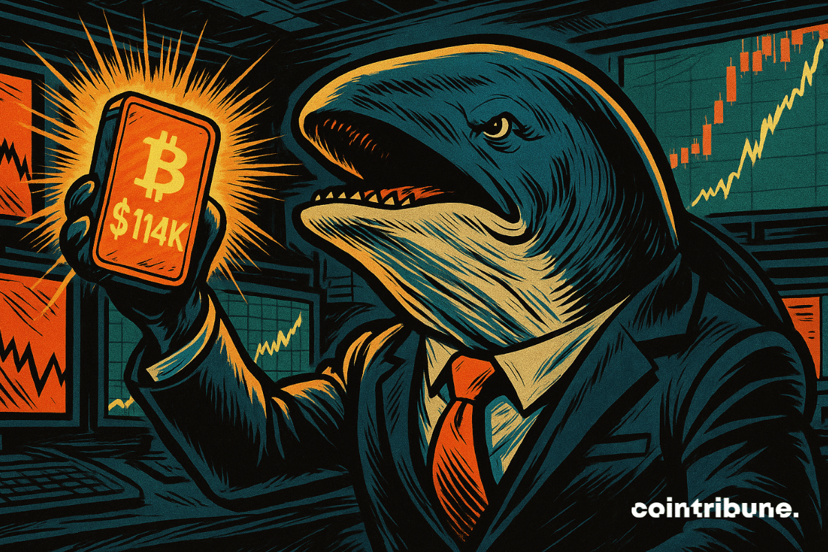 Anthropomorphic whale in a suit holding a glowing device showing Bitcoin at 4K in a trading room.
