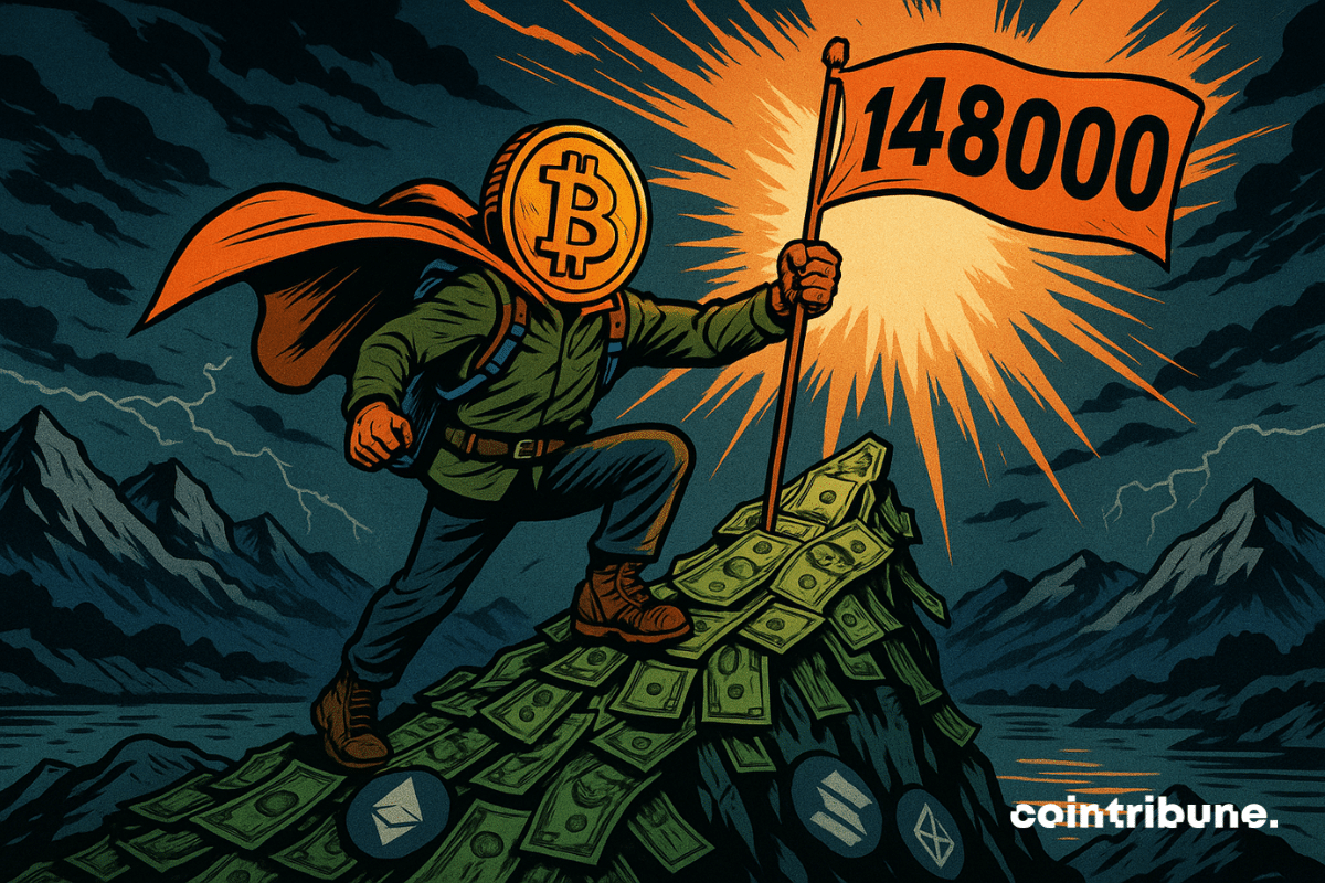 Un Bitcoin personnifié gravissant une montagne de dollars.